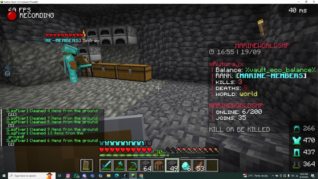 A player's live stats HUD showing balance, kills, and deaths on Nightmare SMP