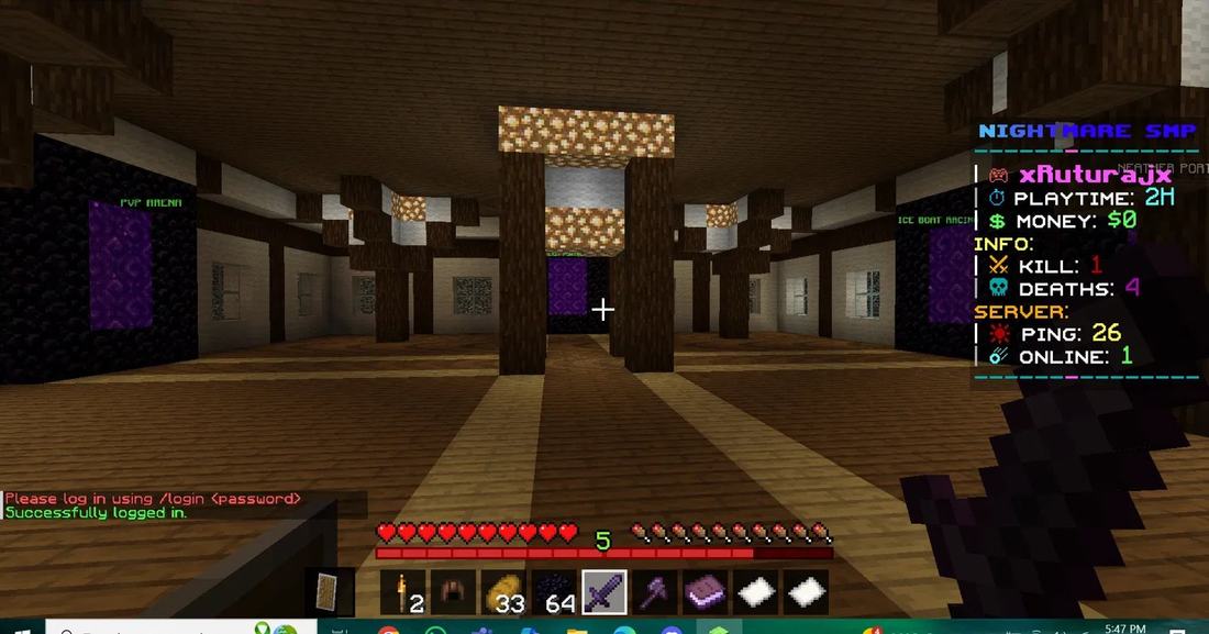 Logging back into Nightmare SMP, stats HUD showing playtime and deaths