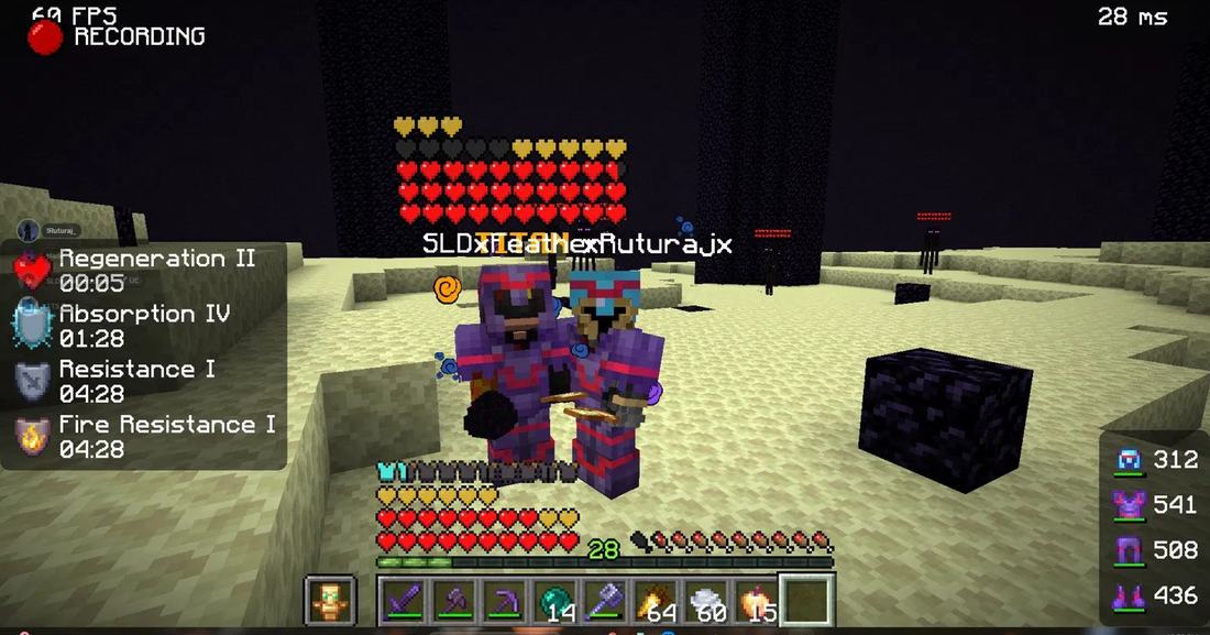 Two players in enchanted armour standing back to back on Nightmare SMP